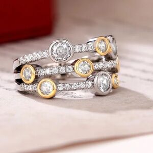 Two Tone Layer Stacked Ring with Rhinestone